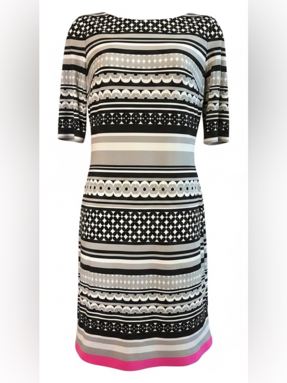 Eliza J Black White Geometric Print Sheath Dress Hot Pink Trim Size 4